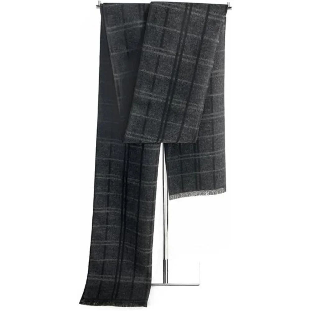 2 Packs Men's Cashmere Feel Winter Scarf Soft Warm Black Gray Plaid Stripe